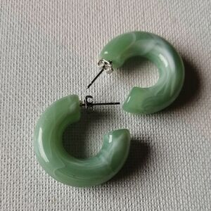 Green Marbled Faux Nephrite Lucite Hoop Earrings